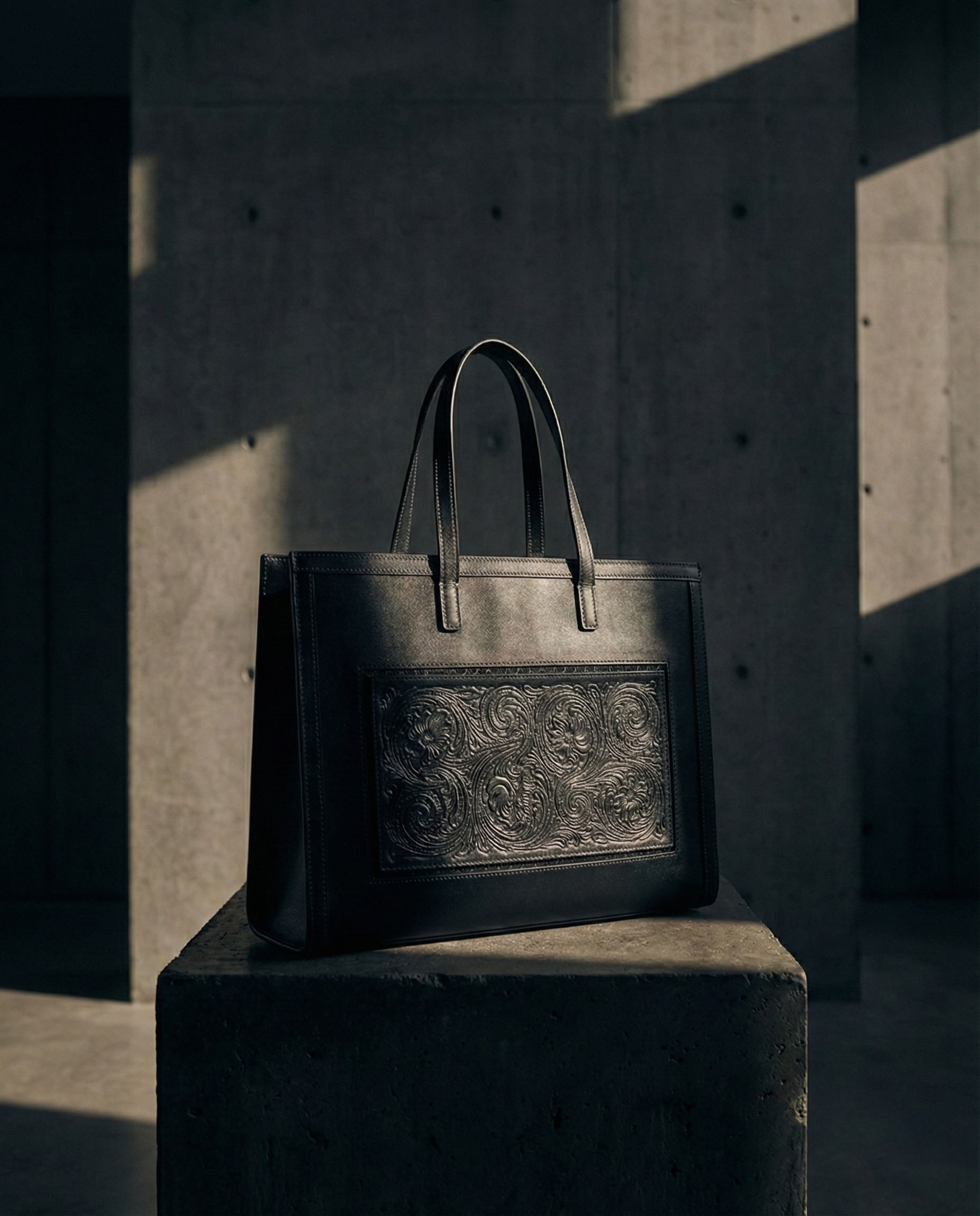 Cabas Florence noir avec cuir gravé et brodé à l'avant . Grande capacité et rangement intégré 