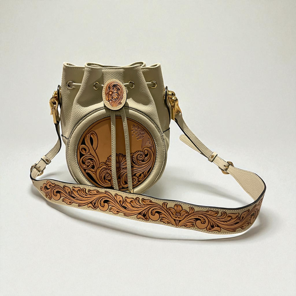 Sac ALBA beige vue avant – cuir grainé embossé floral Maison La Reine