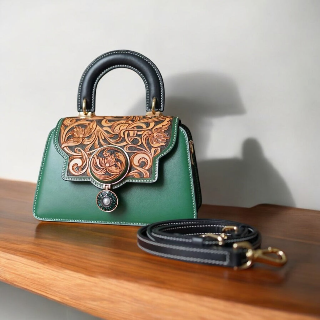  Sac Grace vert sculpté en cuir embossé floral – Maison La Reine