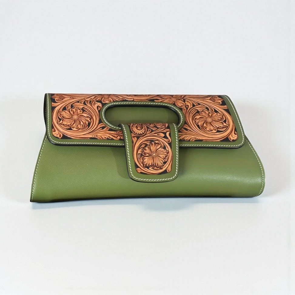 Sac pochette Kima vert en cuir embossé floral – vue de face