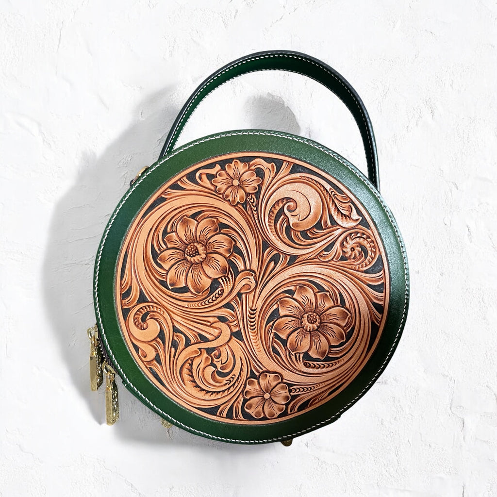 Sac rond Nicky vert en cuir embossé, vue avant – Maison La Reine”