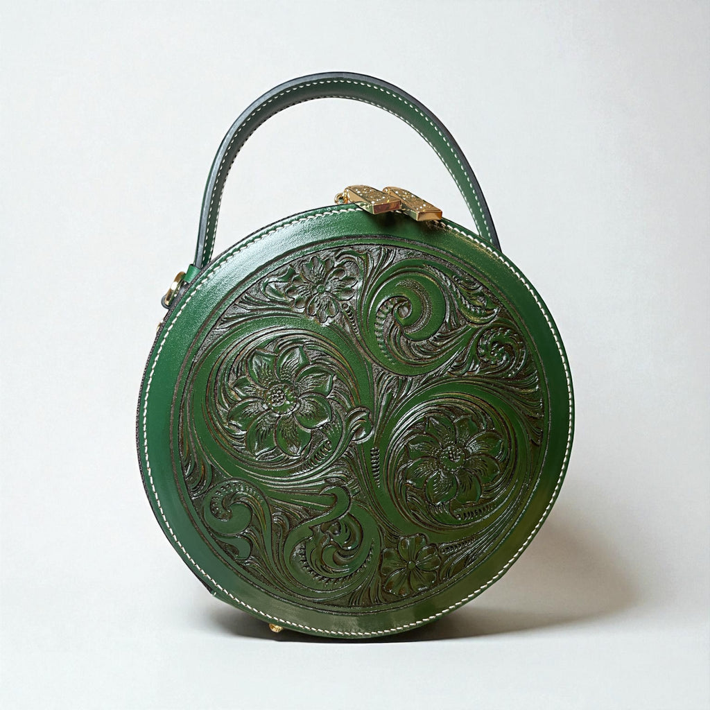 Sac rond Nicky full vert en cuir embossé, vue avant – Maison La Reine”