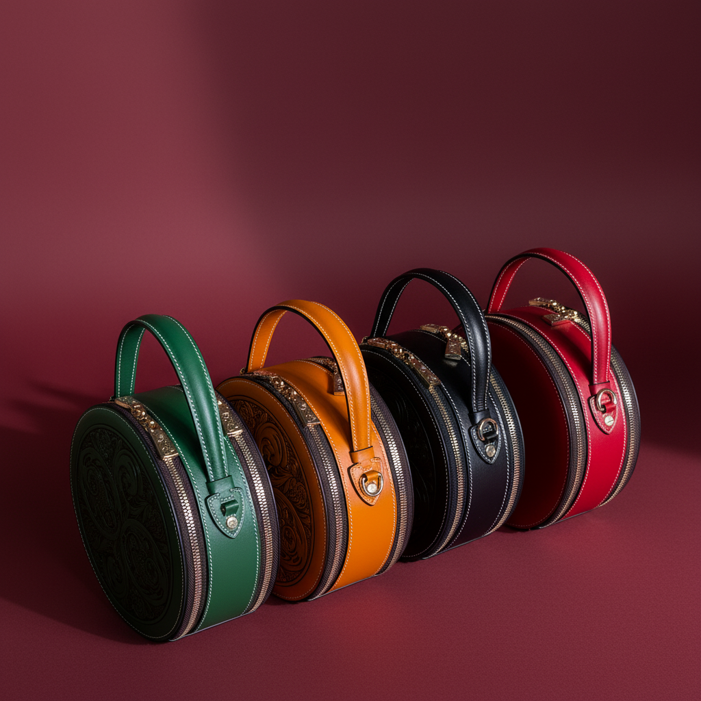 Sac rond Nicky quatre couleurs en cuir embossé, vue ensemble profil – Maison La Reine”