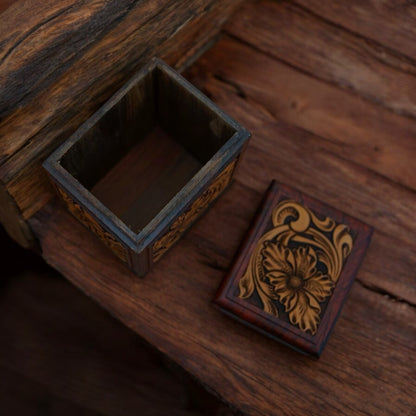 Boîte de rangement rectangulaire en bois et cuir gravée