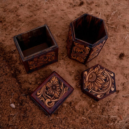 Boîte de rangement rectangulaire en bois et cuir gravée