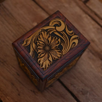 Boîte de rangement rectangulaire en bois et cuir gravée