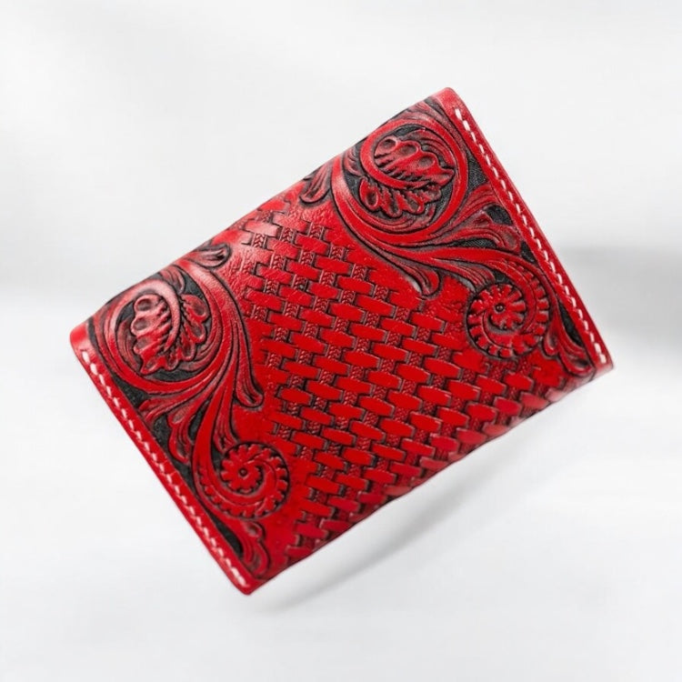 Dos – Porte-cartes en cuir rouge texturé avec embossage floral – Maison La Reine
