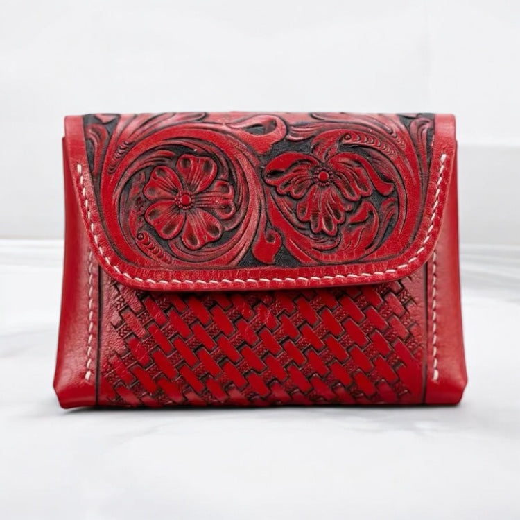 Face – Porte-cartes en cuir embossé rouge avec motifs floraux – Maison La Reine