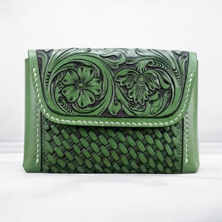 Face – Porte-cartes en cuir embossé vert avec motifs floraux – Maison La Reine