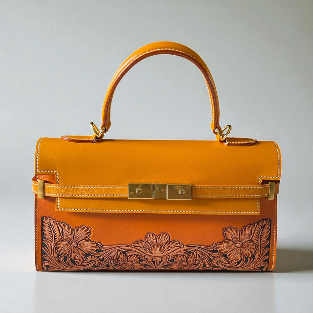 Sac Agathe jaune en cuir gravé floral – vue de face – Maison La Reine 