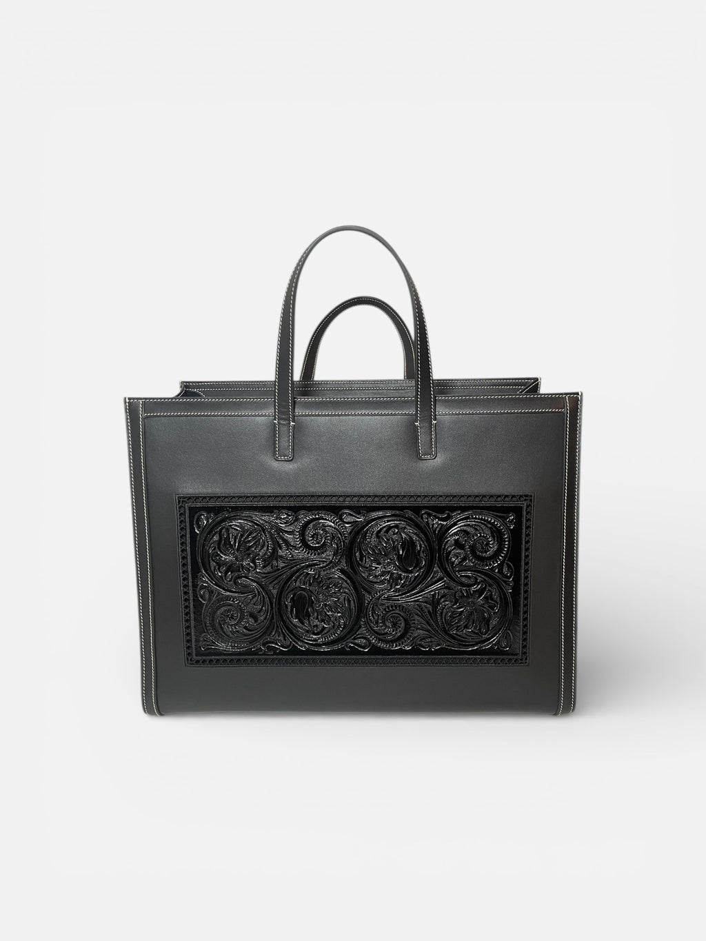 Sac FLORENCE noir en cuir sculpté et brodé à la main avec motifs floraux de face