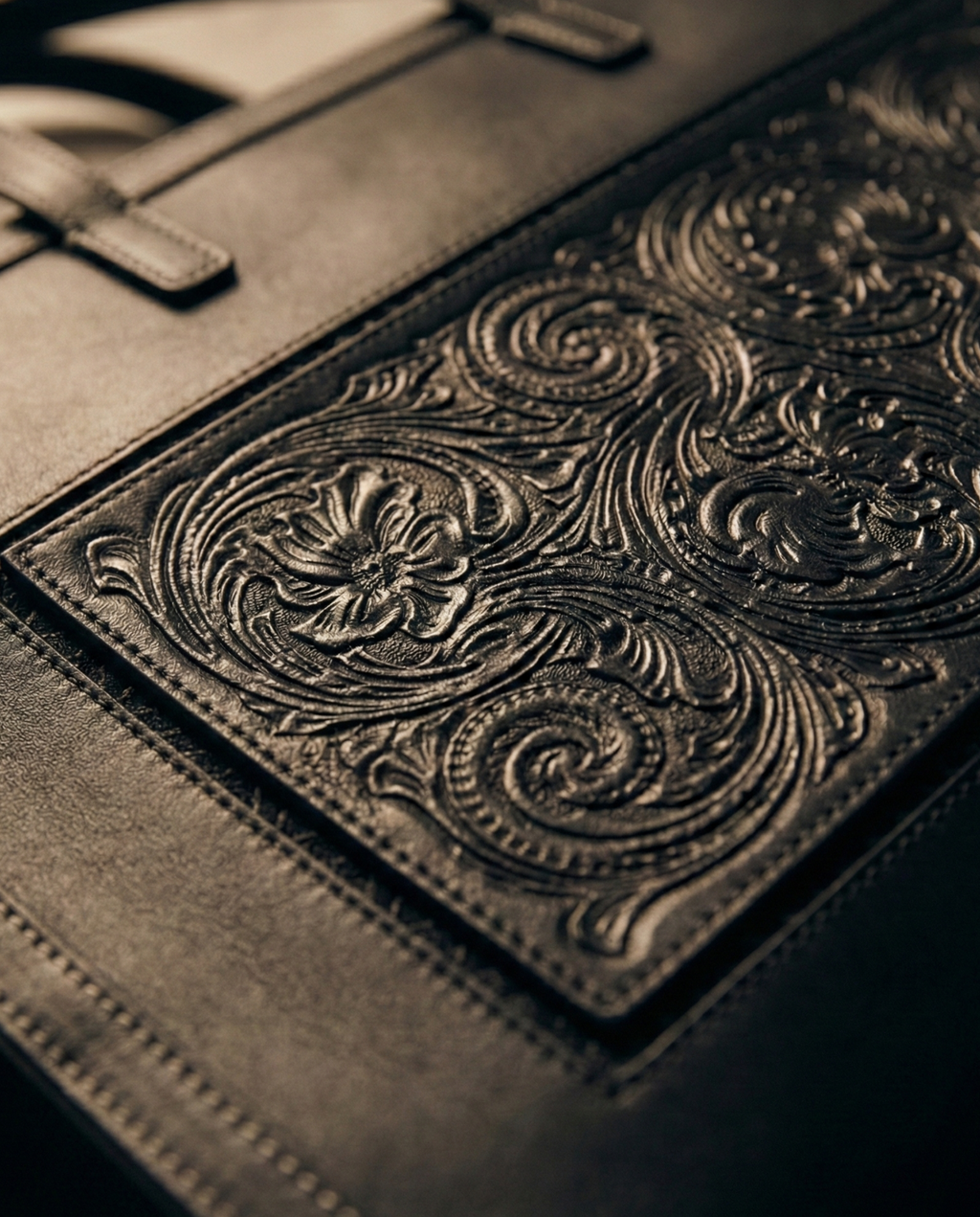 Sac FLORENCE noir gros plan sur la broderie et la gravure