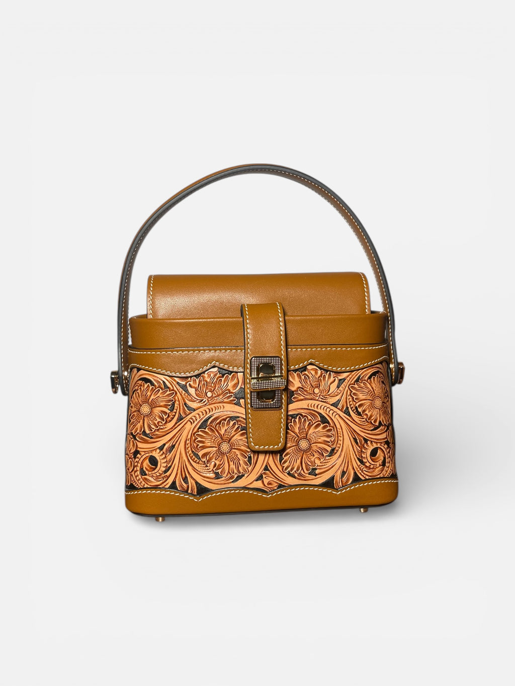 Sac ZURI marron en cuir sculpté à la main avec motifs floraux vue de face