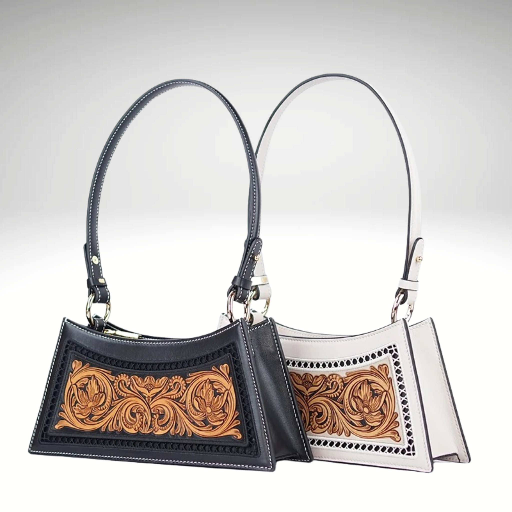 Sac Yzi noir et blanc avec panneau embossé et brodé – vue de face – Maison La Reine