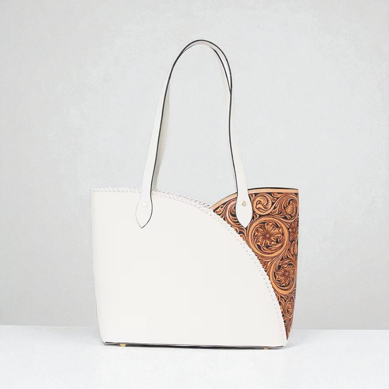 Sac cabas Nayla blanc en cuir gravé floral face – Maison La Reine